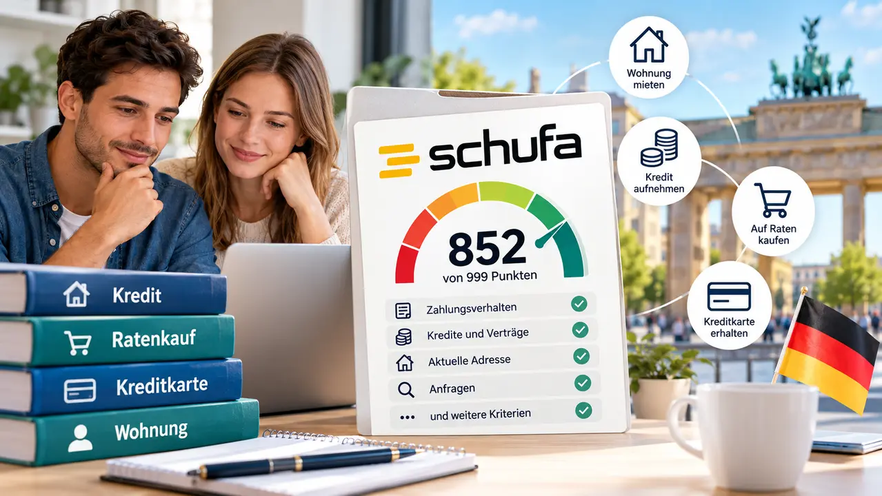 Paar prüft am Laptop den SCHUFA-Score und Informationen zu Kredit, Ratenkauf und Kreditkarte